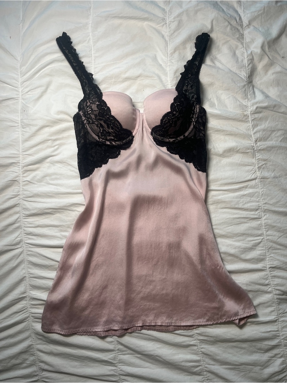 Luxe Pink Satin Chemise with Black Lace Accents